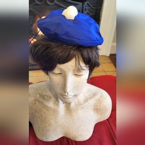 Vintage Blue and White Pom Pom Beret